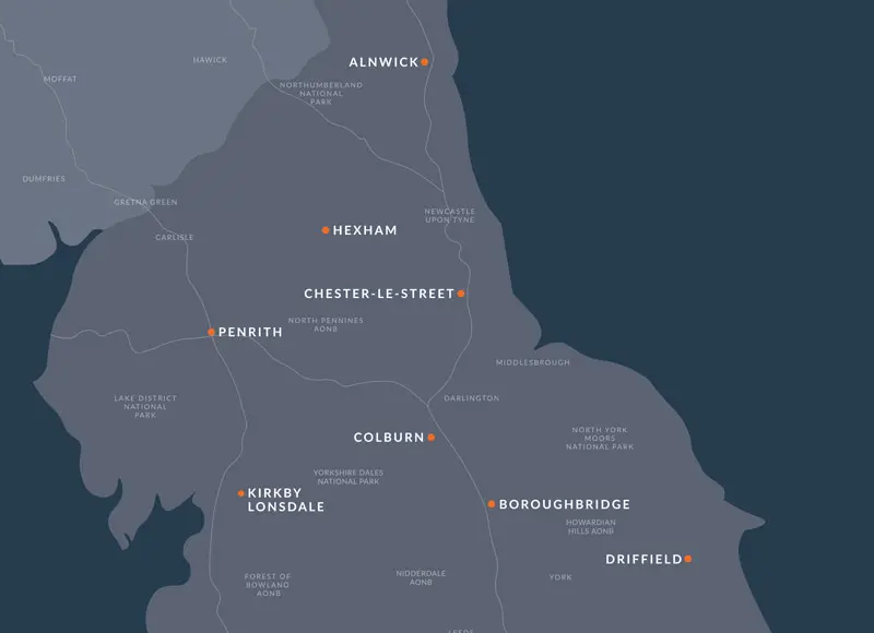 Map of GSC Grays estate agency branch office coverage areas across North Yorkshire, County Durham, and the North of England